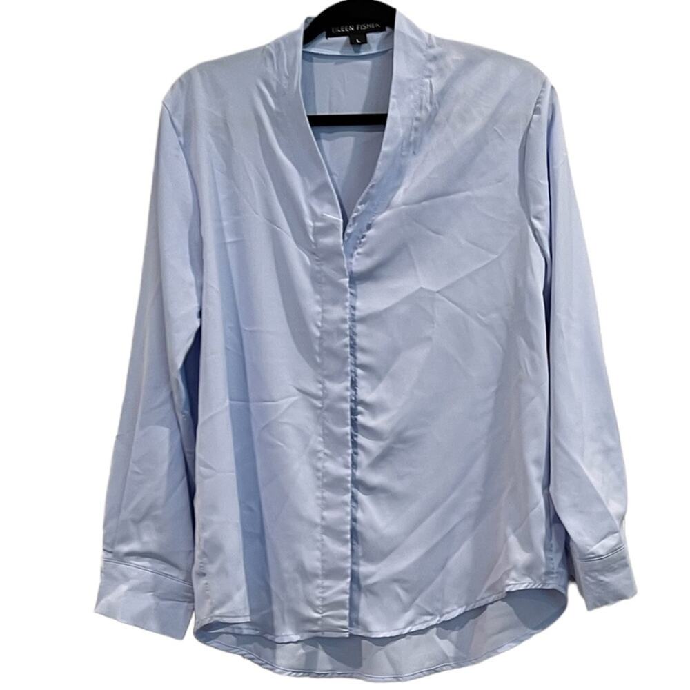 Eileen Fisher Silk Blend Hidden Button Blouse Light Blue L Light Academia